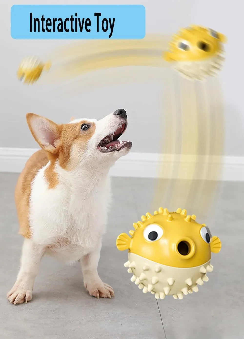 Green fish-shaped interactive dog chew toy with treat-dispensing hole and textured surface.