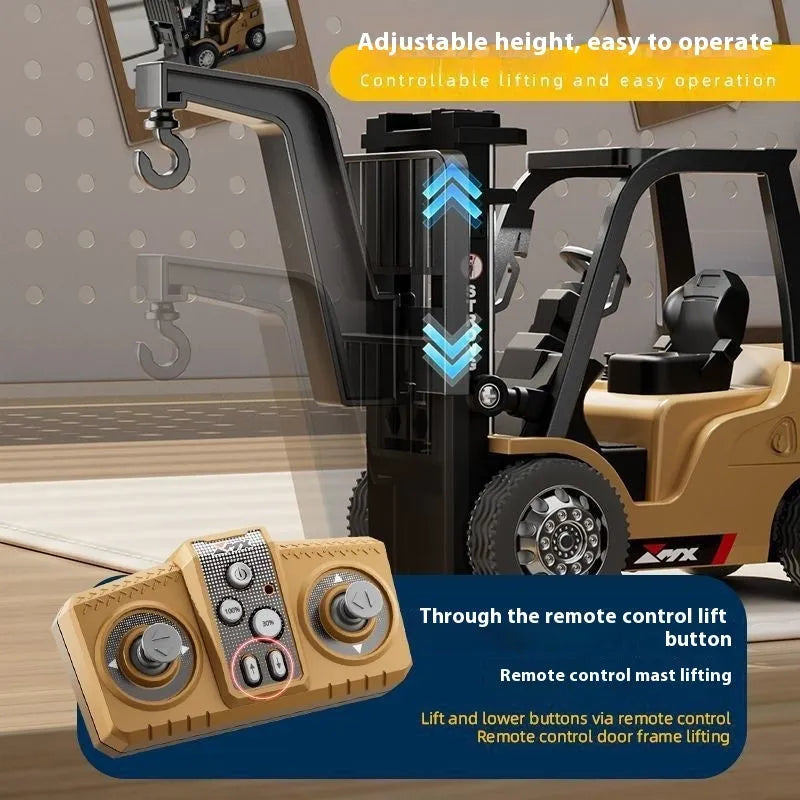 1:64 scale grey alloy remote control forklift toy with mini controller and cargo accessories on a pallet.