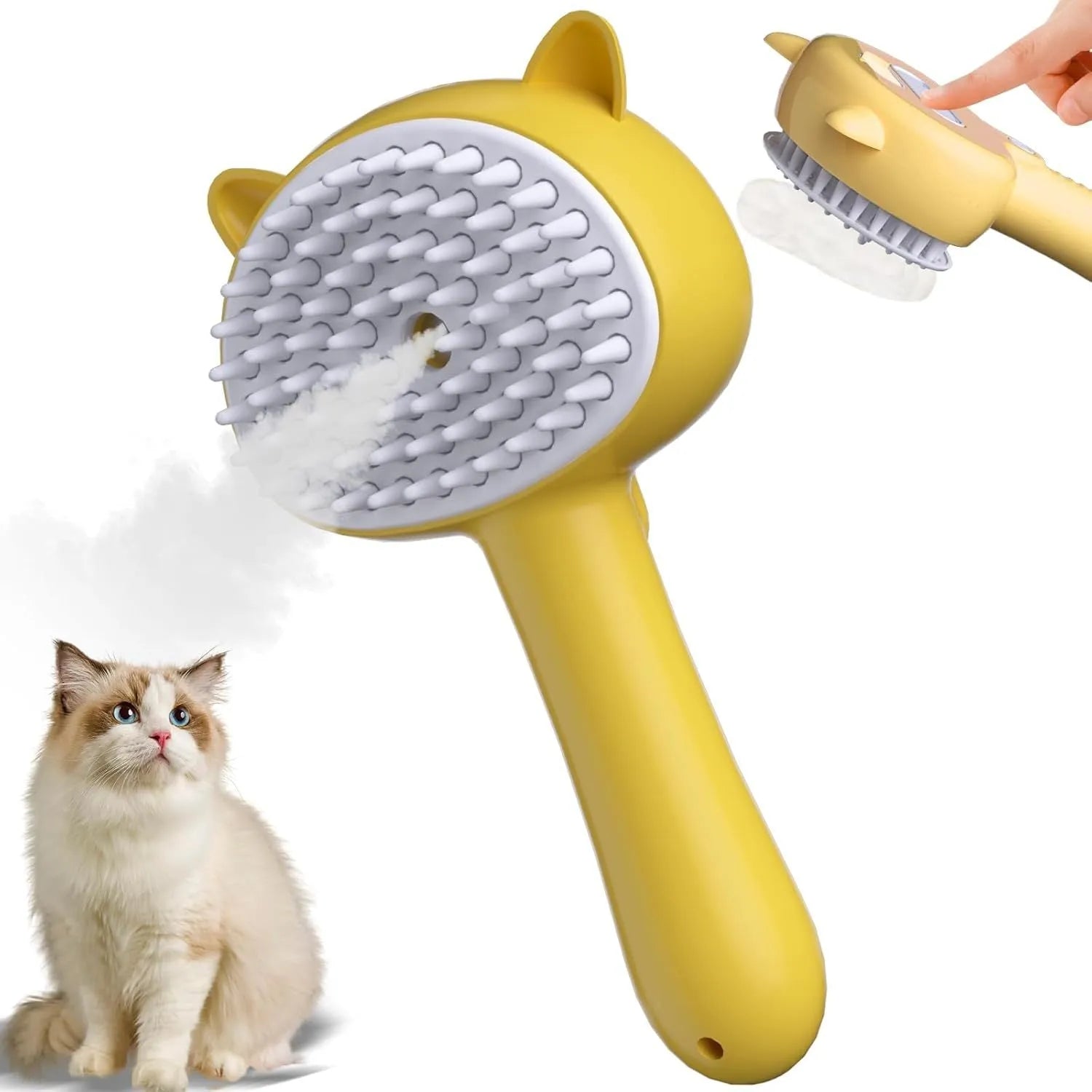Blue pink yellow cat steam brush with ergonomic handle and rubber bristles for pet grooming