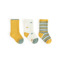 Terry thickened baby socks in 85% combed cotton with cartoon pattern, shown in six colour styles and sizes XS to L