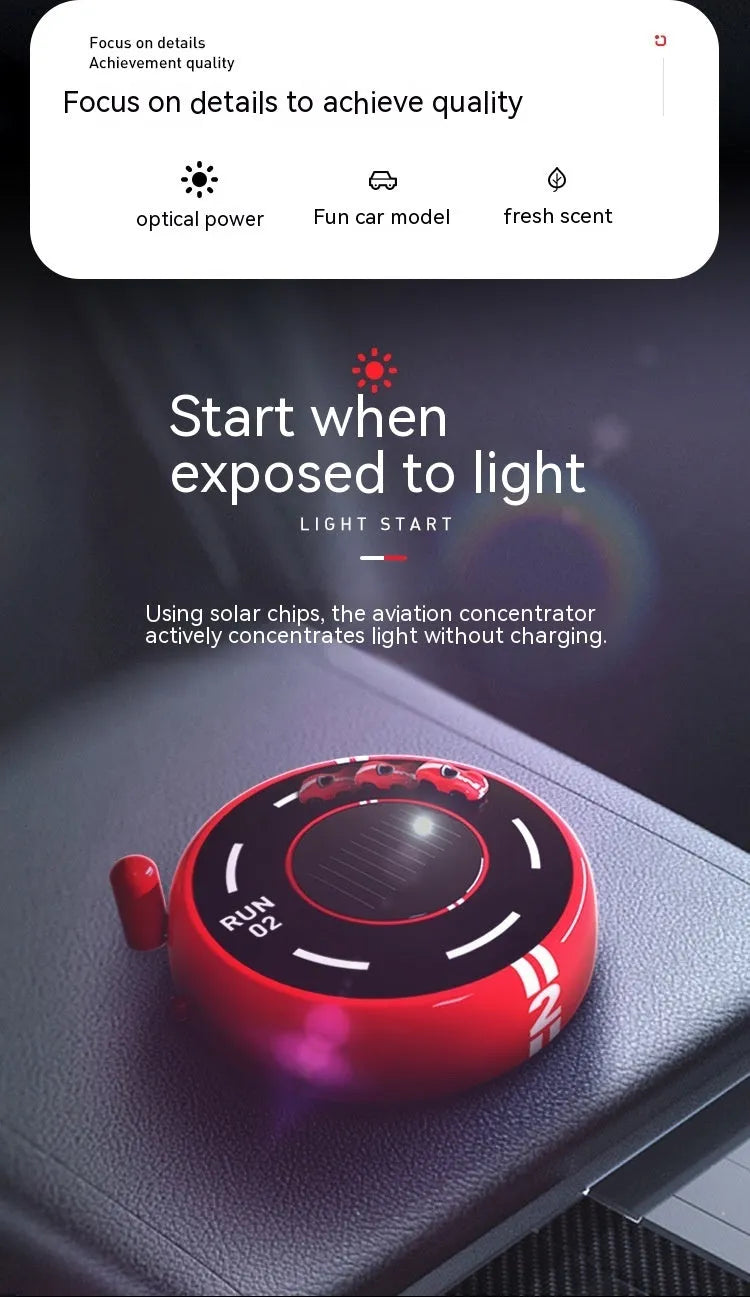 Round solar-powered car aromatherapy decoration with light sensor in modern design