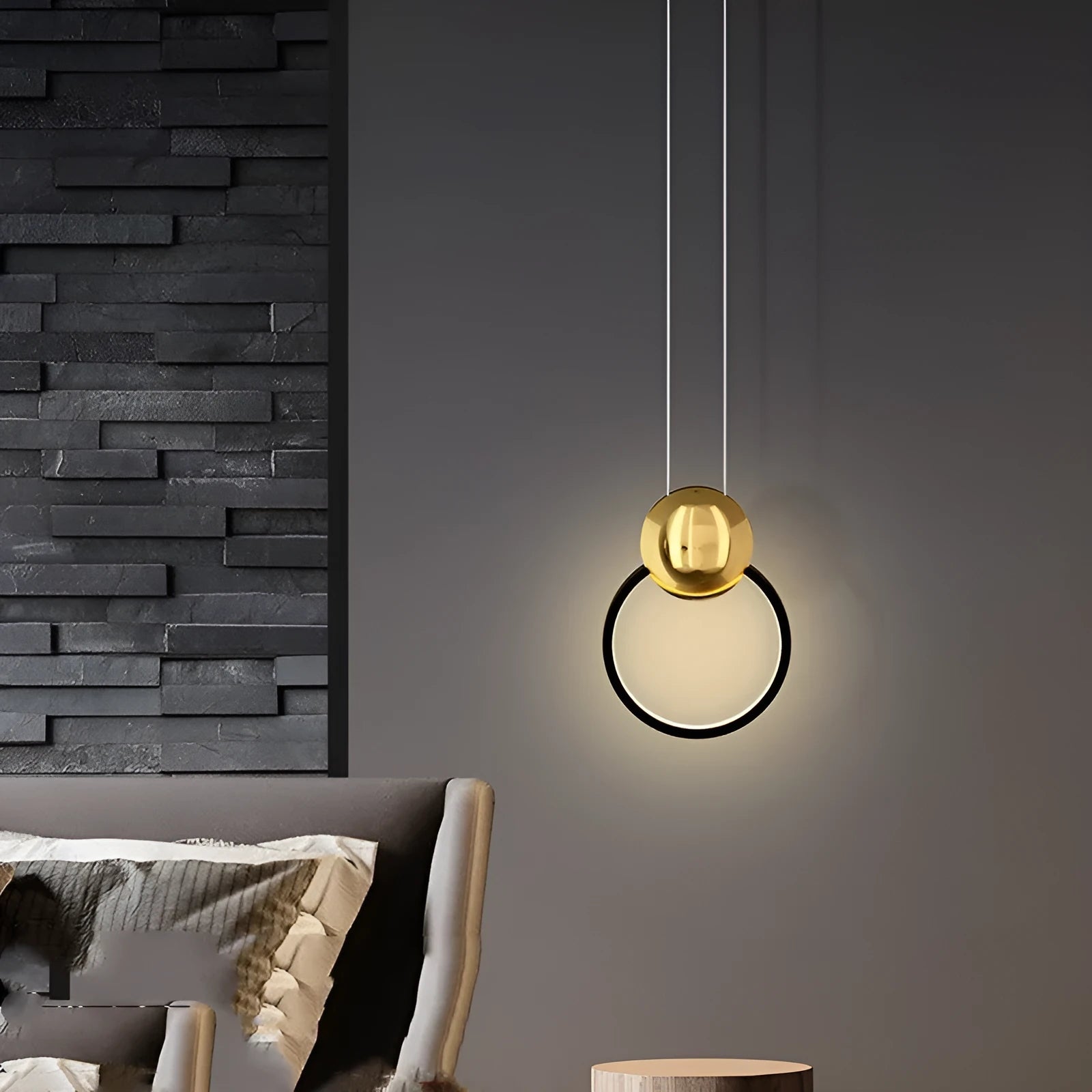 All copper moon shadow bedside chandelier with trichromatic LED, adjustable height, black finish