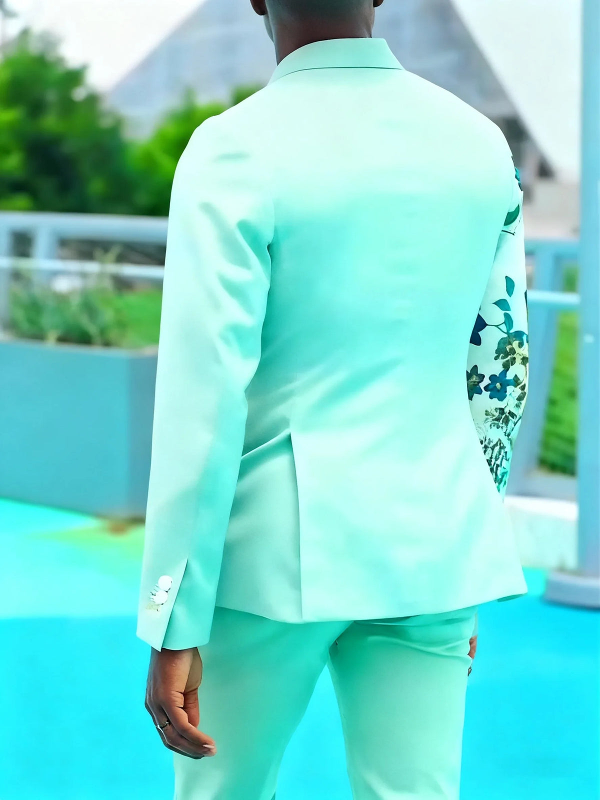 Mint green double-breasted suit set with floral print sleeve blazer and ankle-length pants