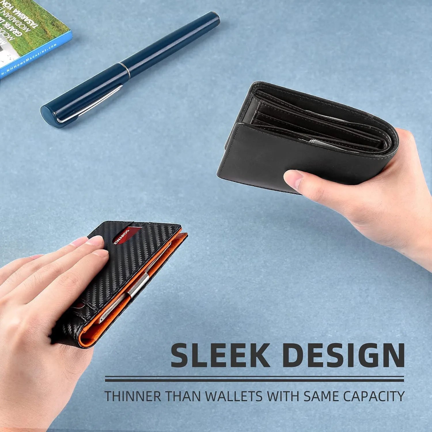 PU leather anti-theft card holder in carbon fibre black with multiple card slots.