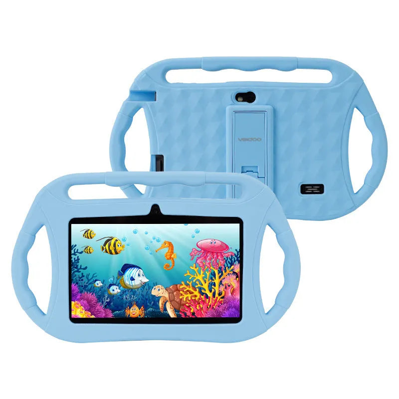 7-inch children's tablet PC in blue with three handles, showing Android 10 home screen