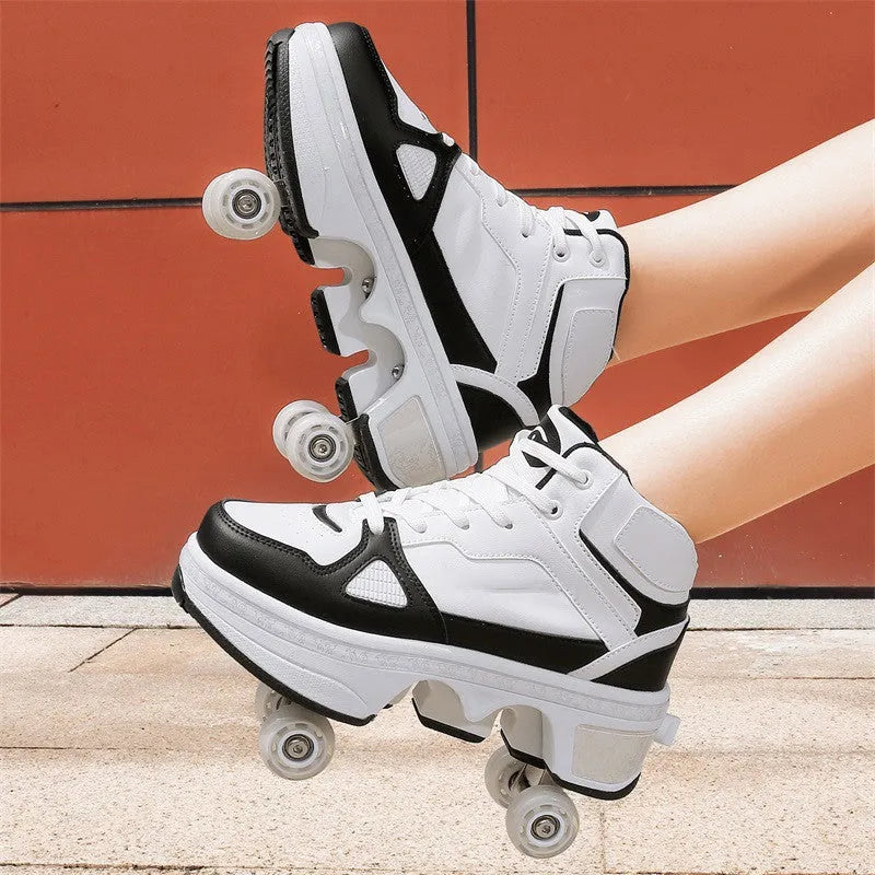 Boys and girls double wheel roller sneakers with retractable PU wheels in purple colour