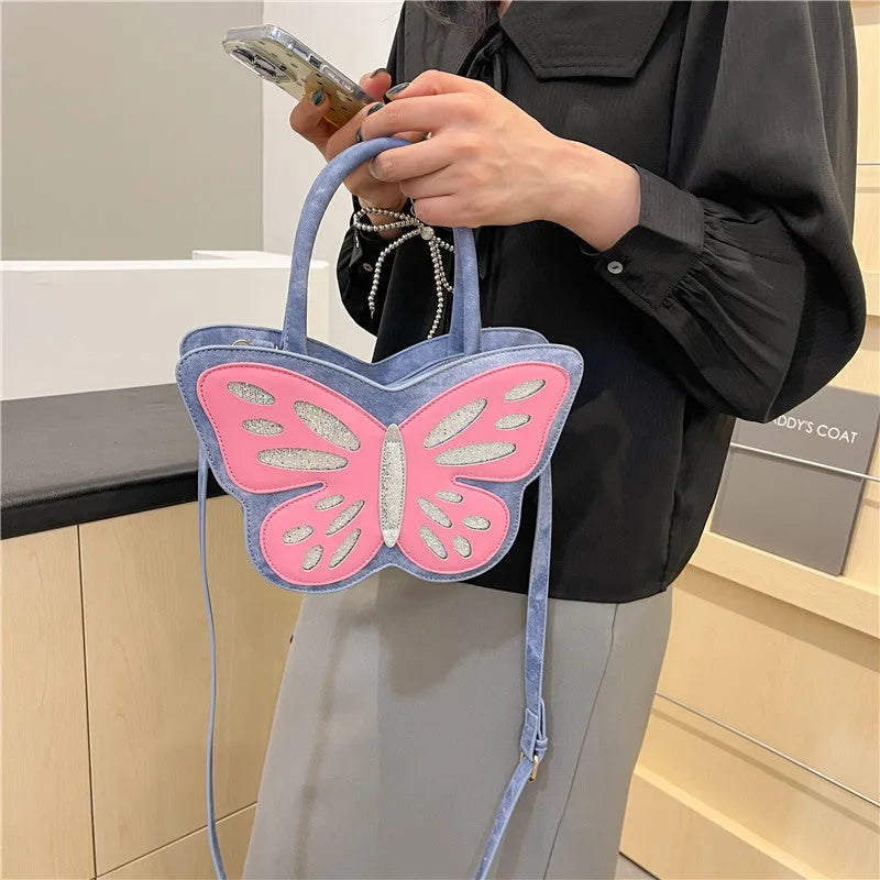 Women's square crossbody bag in PU leather with contrast detailing, shown in black, blue, pink, and white colour options