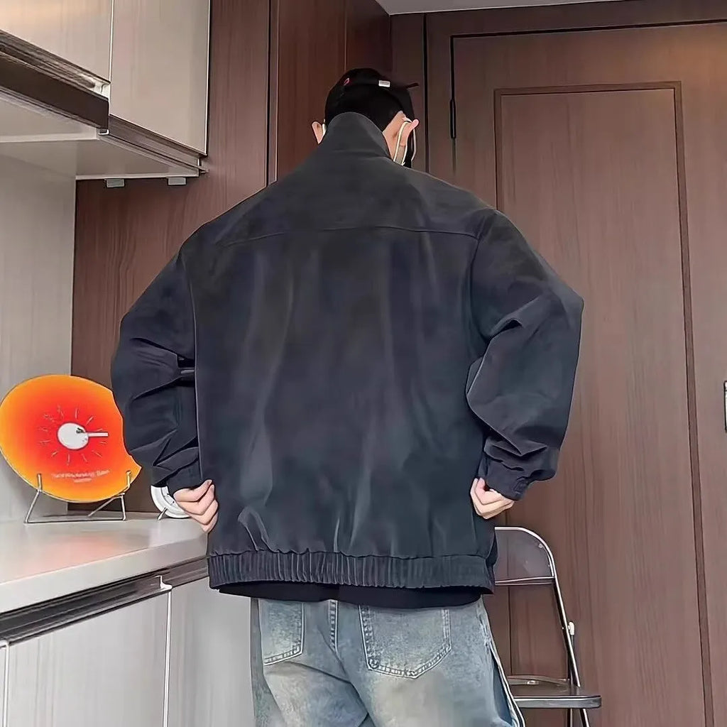 Grey tie-dye pattern on a men's PU leather jacket with stand collar and side pockets