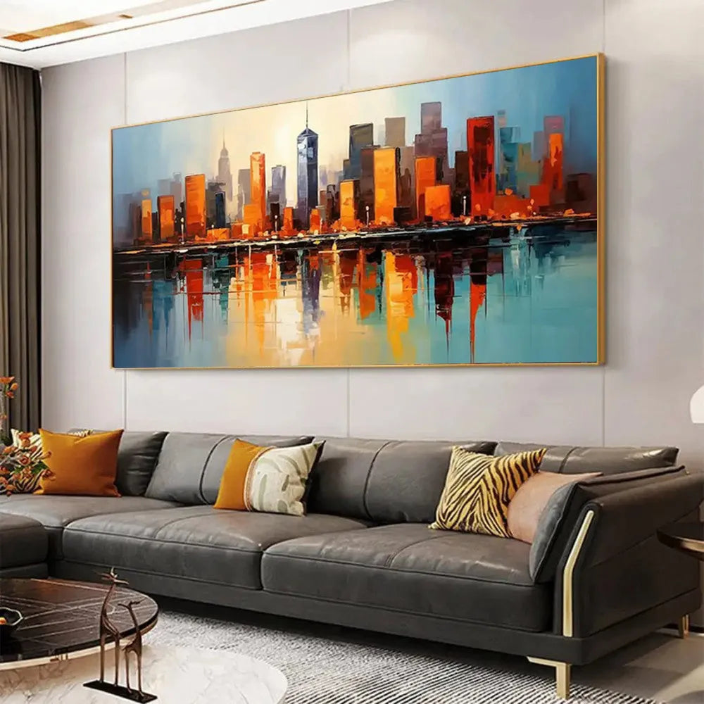 Handmade oil painting on canvas, modern abstract urban architectural street scene, frameless rolled horizontal artwork for wall decor