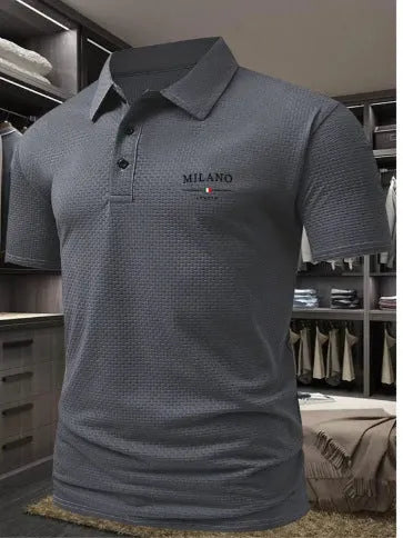 Men's loose fit short-sleeved lapel polo shirt in a solid colour on a hanger