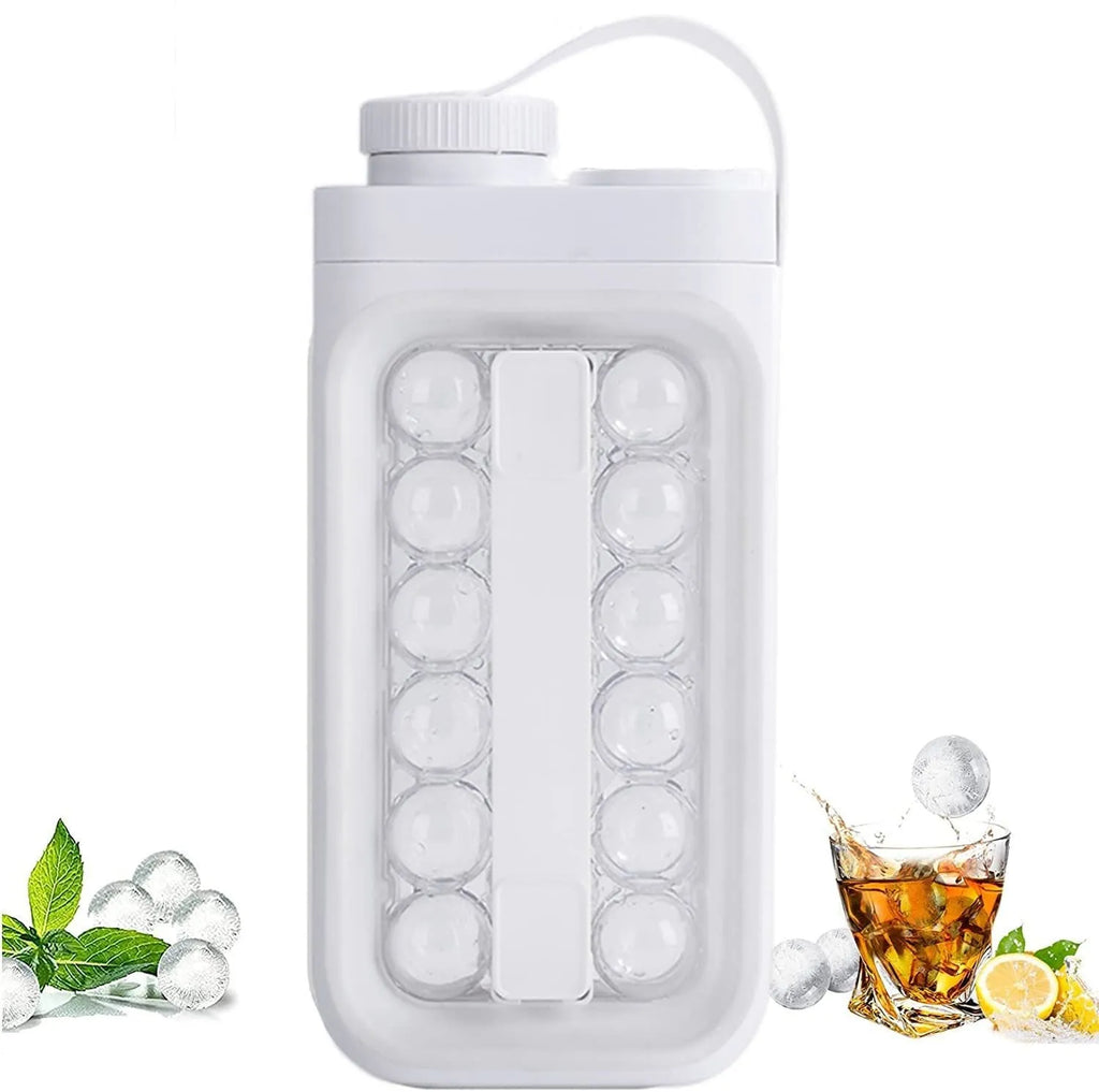 Light blue and white 2-in-1 ice ball tray and portable cold water bottle kitchen gadget.