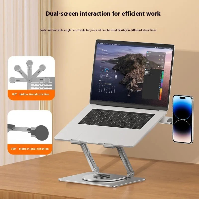Silver carbon steel laptop stand with rotatable magnetic phone holder for 17-inch laptops