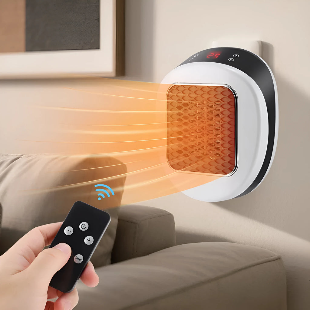 White ceramic heating electric hot air blower with remote control on a desk