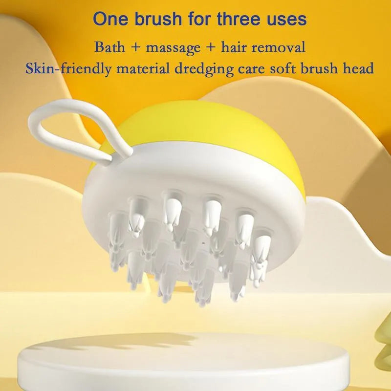 Blue silicone dog shampoo brush with massage points for washing and grooming pets.