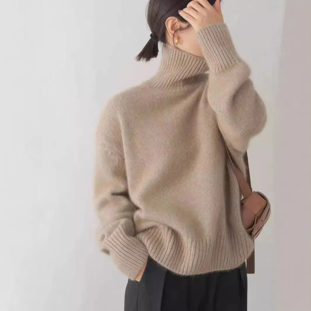 Women's high-neck loose knit pullover sweater in solid colour with long sleeves and one-size fit