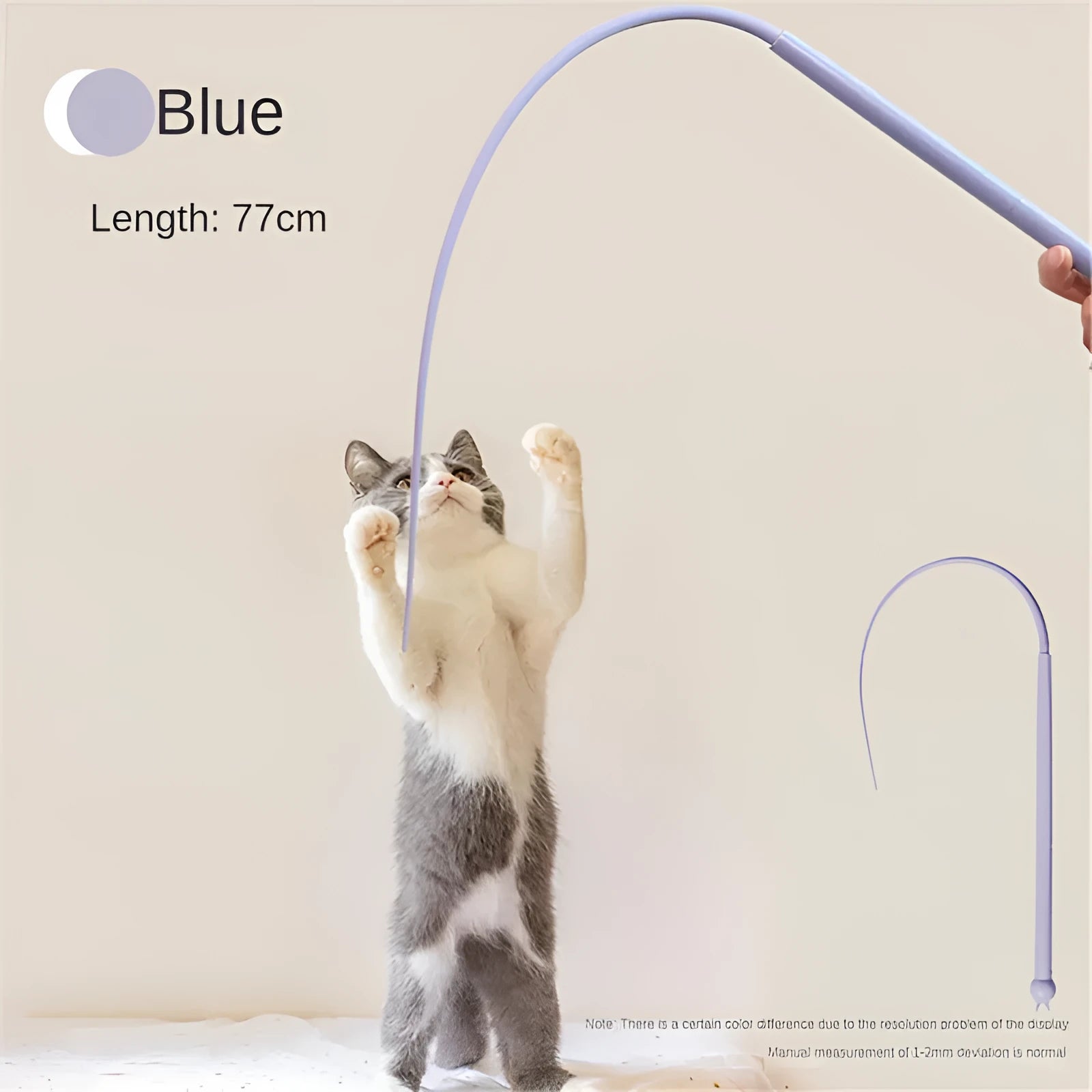 Blue cat teaser stick with silicone mouse tail extended to 80cm length beside pink version