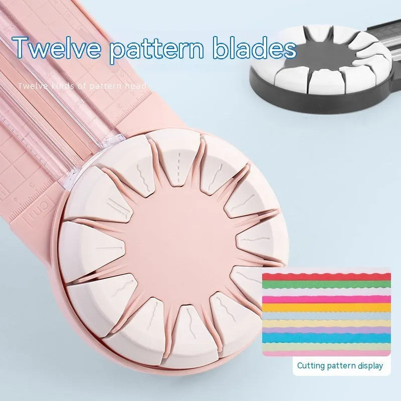 Pink and black multifunctional 12-in-1 dotted plastic paper cutter machine for crafts.