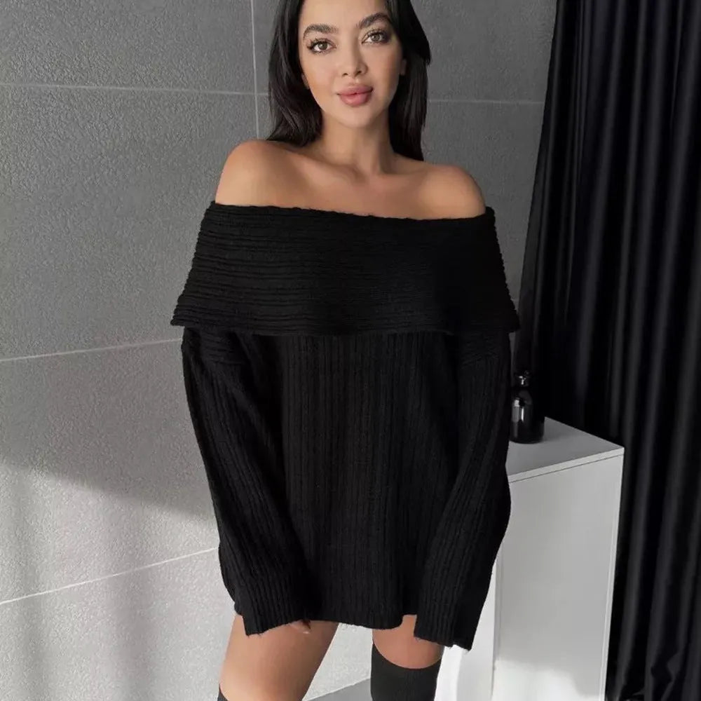 Women's loose-fitting acrylic pullover sweater in black, white, khaki or red with long sleeves