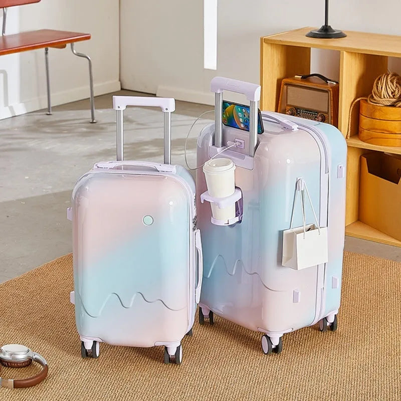 Gradient luggage trolley case with USB water cup holder in solid colour finish on a white background
