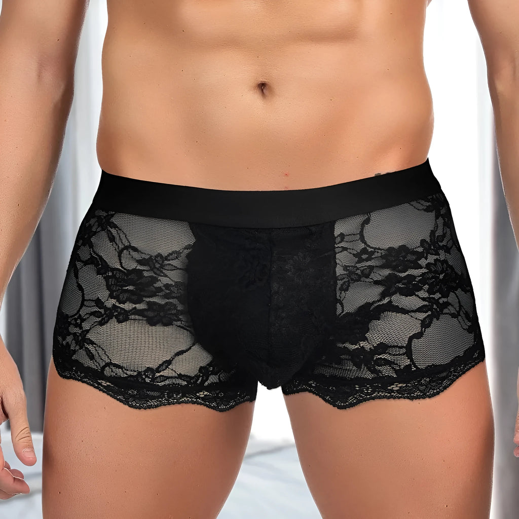 Men's black lace briefs with hollow out see-through design showing lace pattern