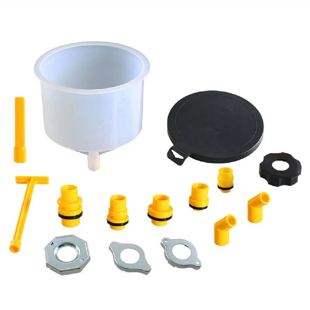 15-piece plastic funnel set in assorted colours for coolant and antifreeze automotive repair
