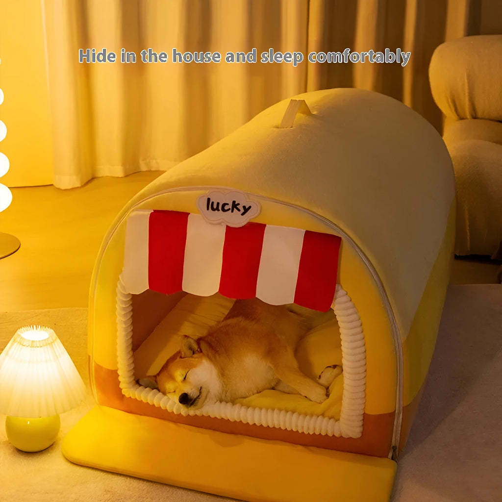 Large painted dog bed with removable sponge cushion in rock yellow-lucky colour pattern