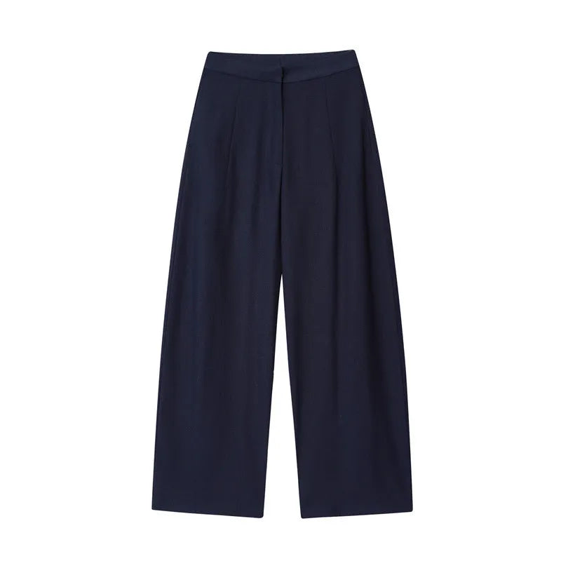 Women's linen-look polyester blend suit set with flounced sleeve shirt and wide leg trousers.