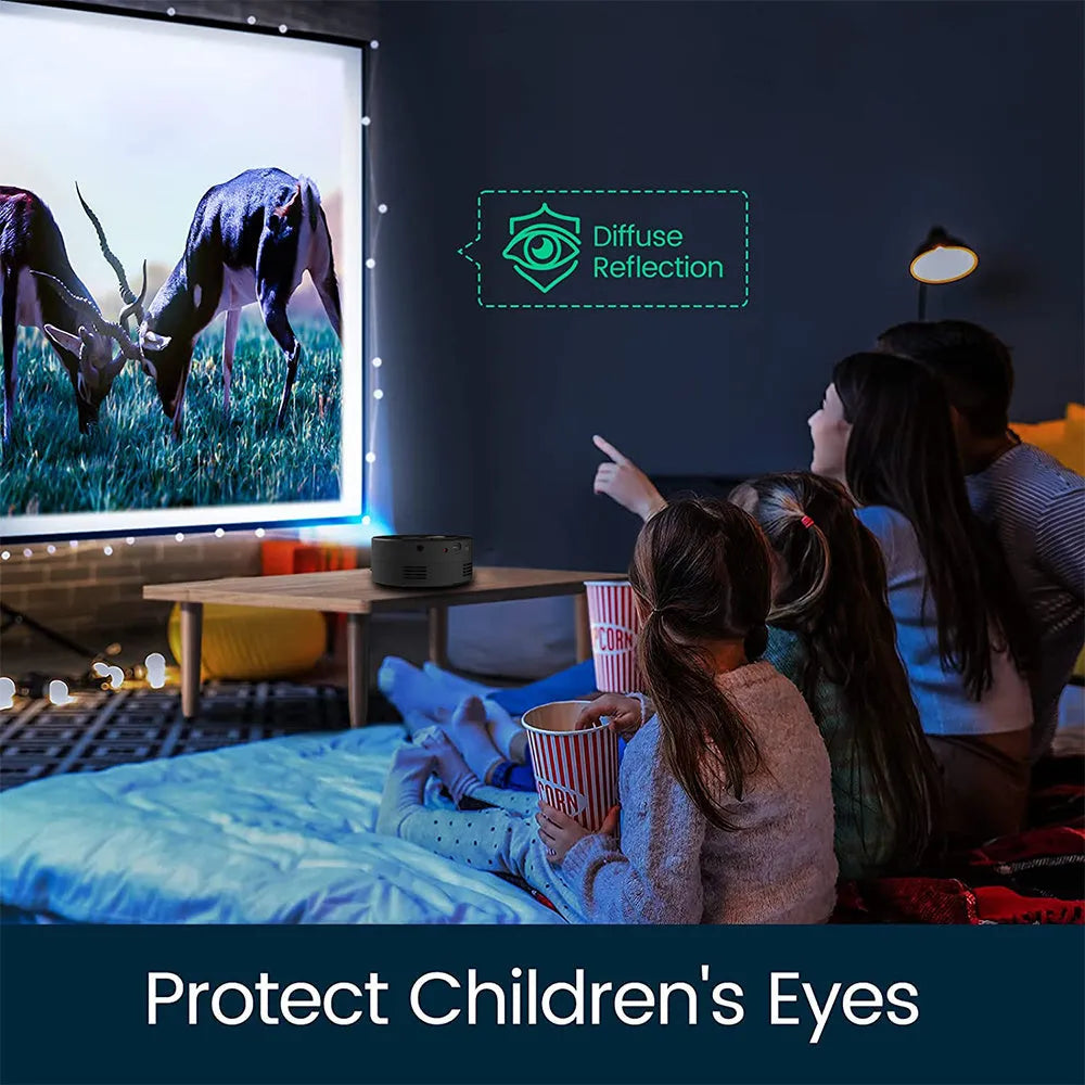 Black mini portable projector for mobile phones measuring 110mm with compact design for children's entertainment