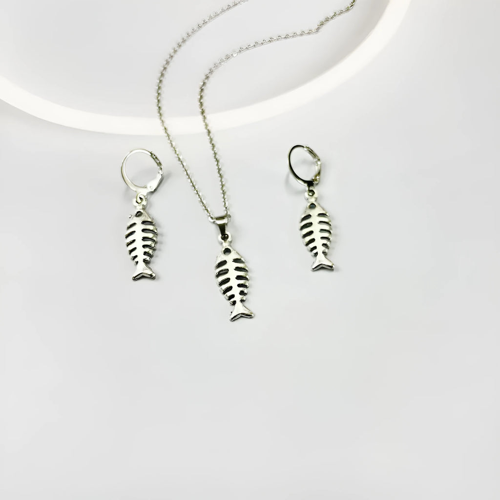 Retro fishbone pendant alloy necklace and matching earrings set with adjustable O-chain