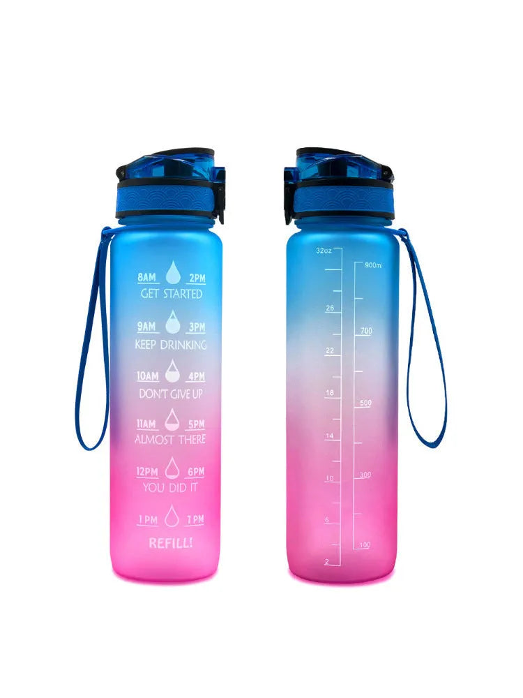 Clear transparent Tritan plastic sports water bottle with infuser, 1000ml capacity, on a plain background.