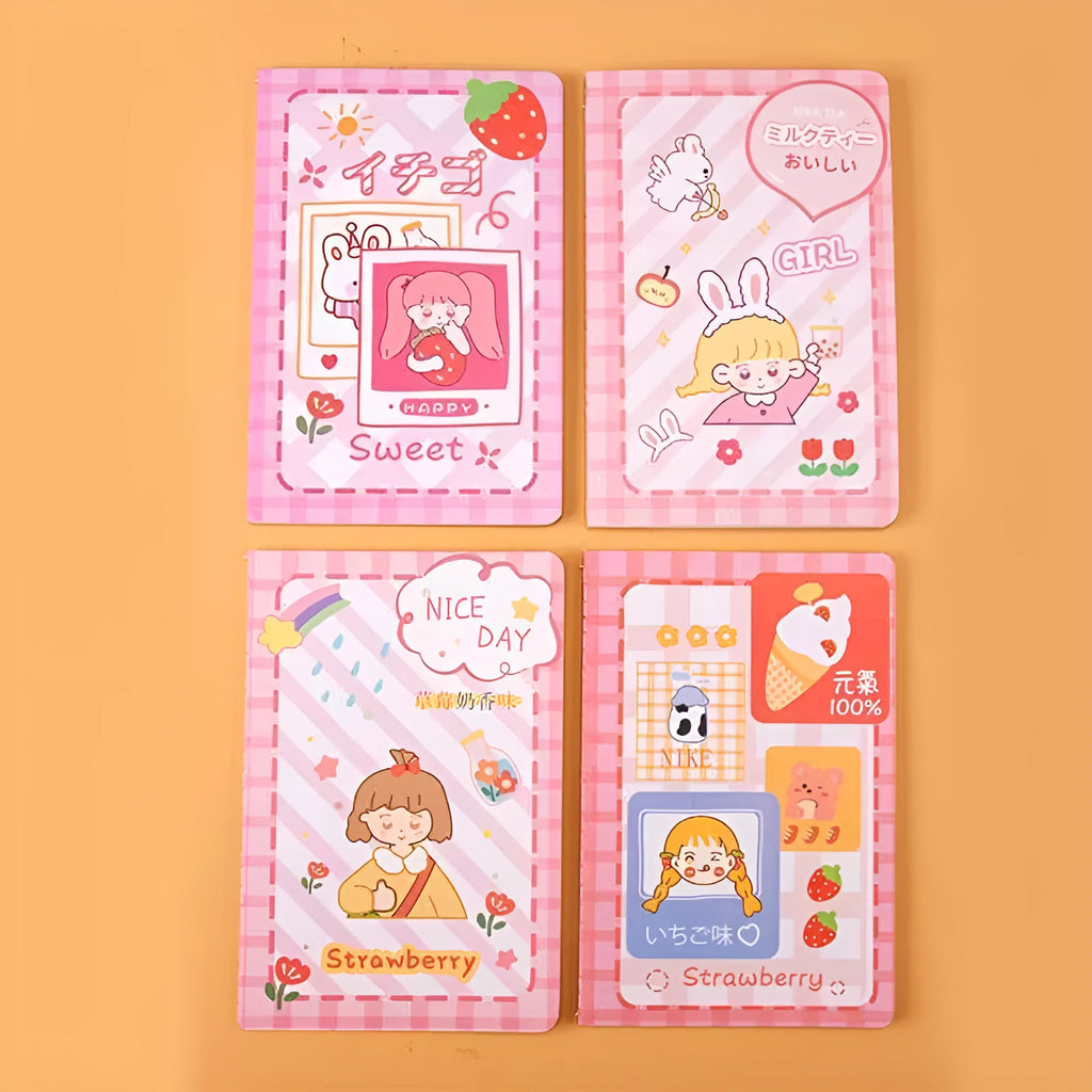 Cartoon A5 notebook with 30 sheets showing character designs including Strawberry Rabbit and Cute Bear