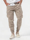 Men's cargo trousers with three-dimensional pockets and zip decoration in grey, khaki, black or military green, sizes S to 3XL