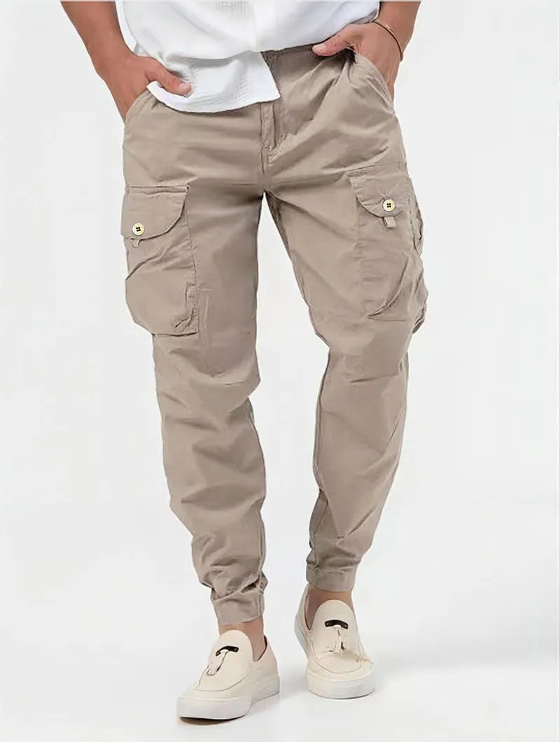 Men's cargo trousers with three-dimensional pockets and zip decoration in grey, khaki, black or military green, sizes S to 3XL