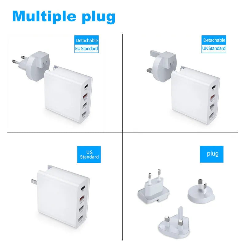 White multi-port fast charge wall charger with international plug options on a desk