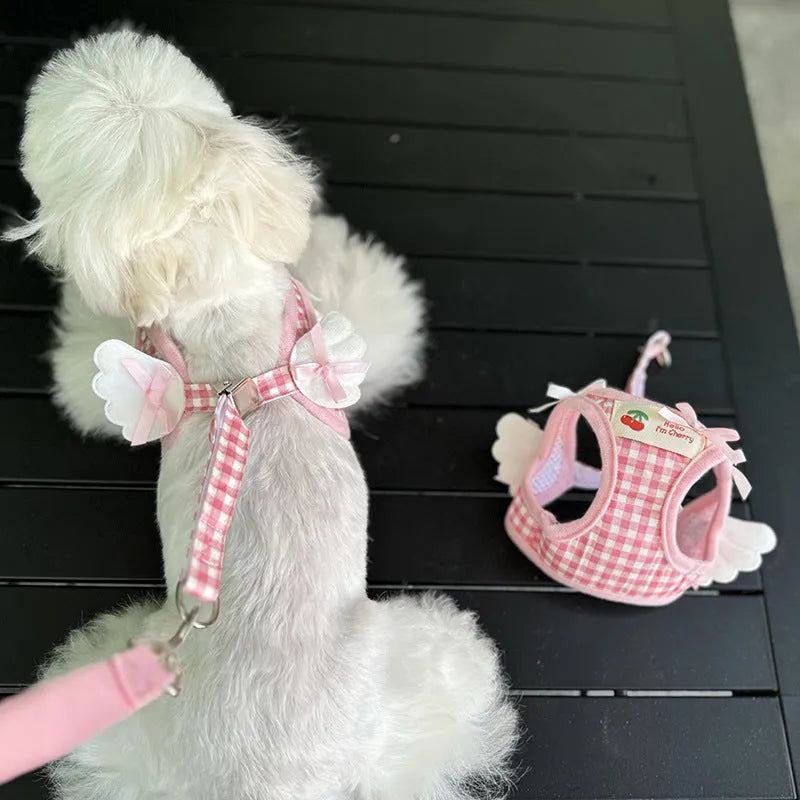 Pink and black cotton chest and back harness with hand holding rope for small dogs.
