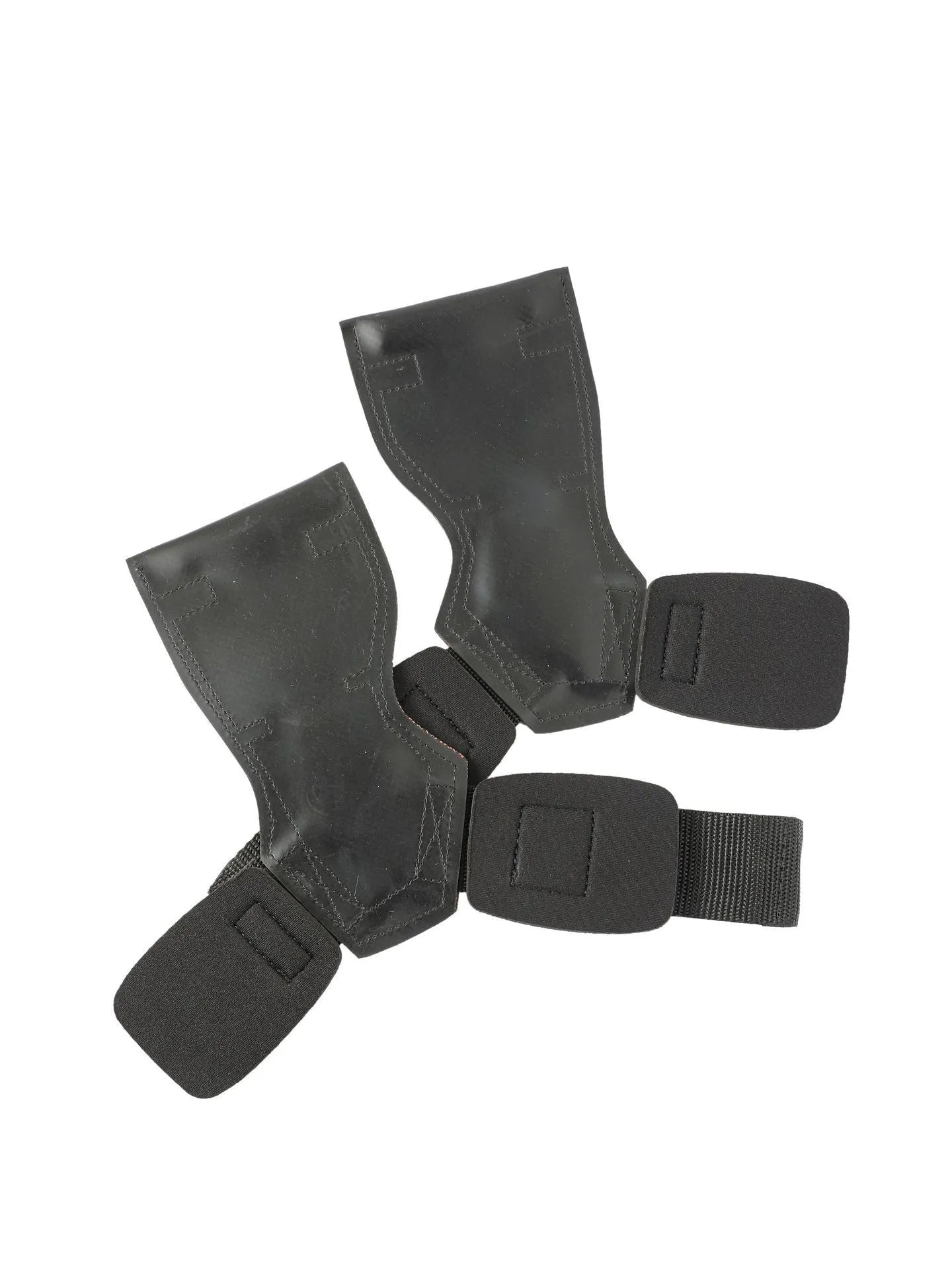 Pair of black booster hose rubber assist belts for non-slip palm protection in weightlifting and rock climbing.