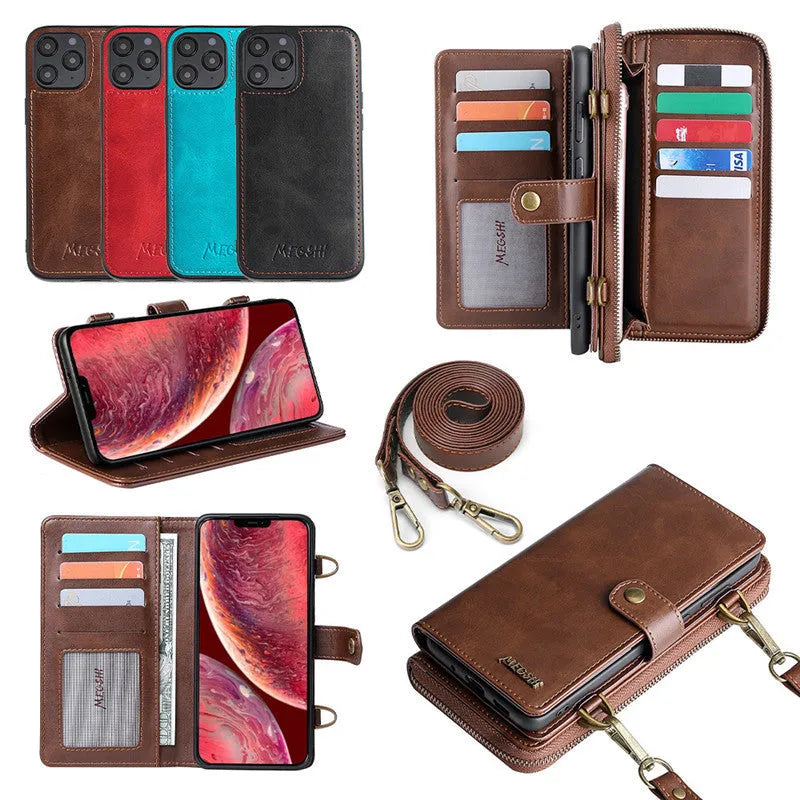 Black detachable wallet backpack phone case for iPhone and Samsung Galaxy models on a table.