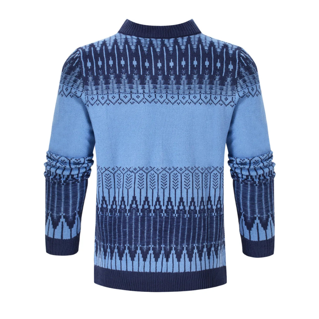 A man's knitted long-sleeved pullover sweater for fall and winter wear.