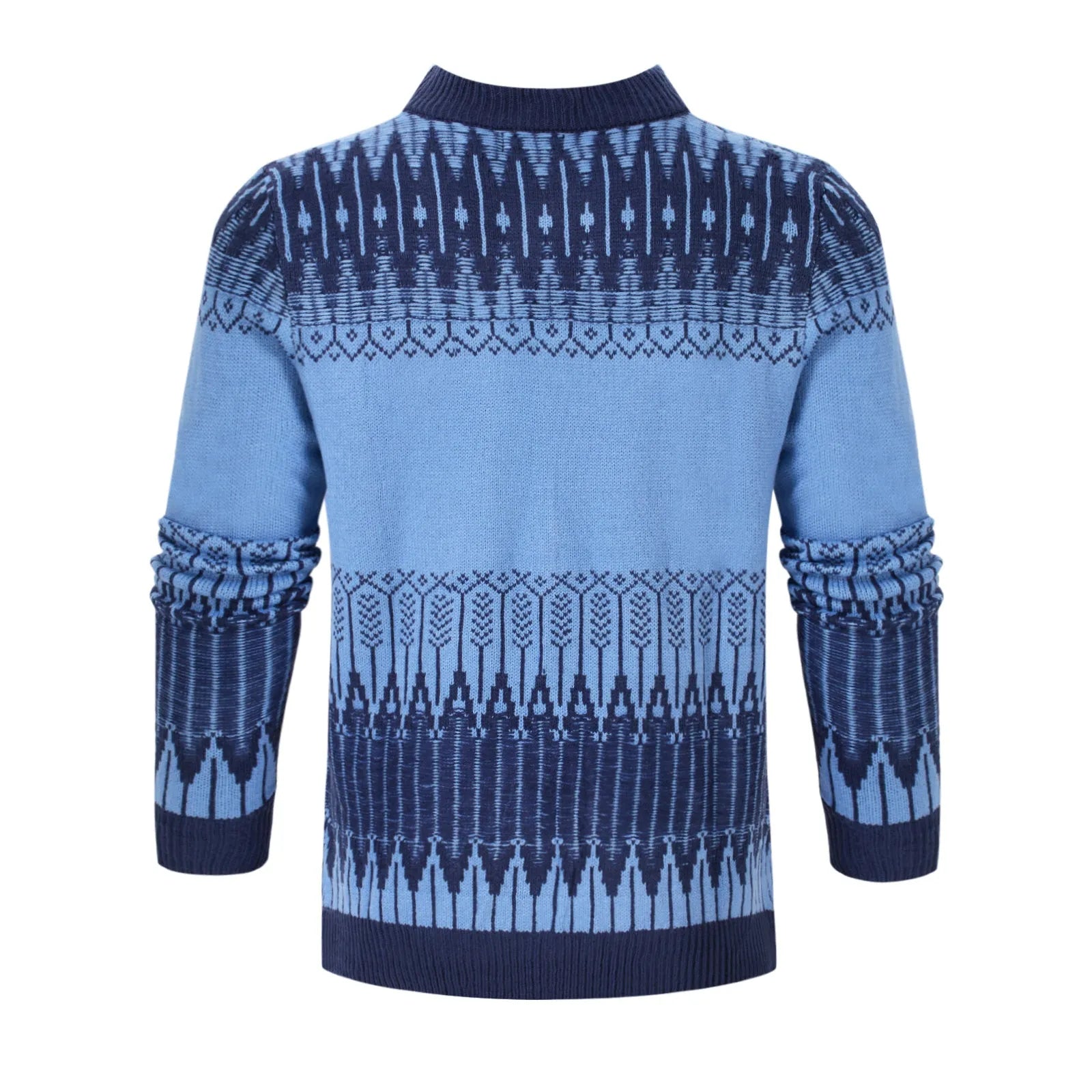 A man's knitted long-sleeved pullover sweater for fall and winter wear.