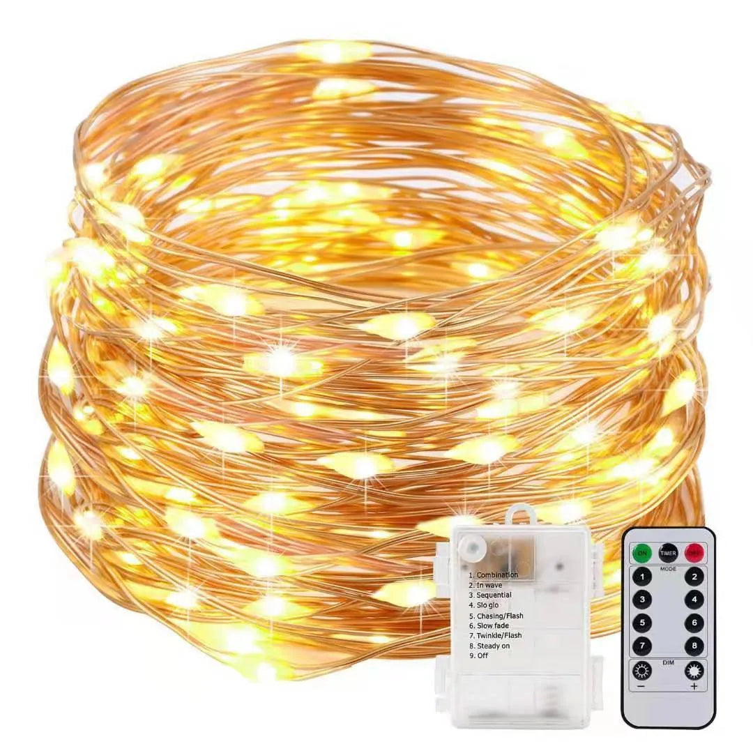 12 metre long copper wire LED string lights in multiple colours, powered by batteries or USB.