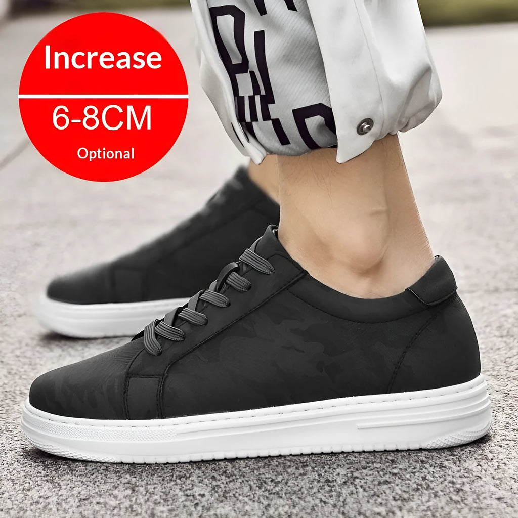 White, black, or beige low-top casual sneakers with hidden platform sole, microfiber upper, front laces, and 6 cm or 8 cm height increase.