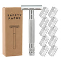 Traditional manual double-edged safety razor with an alloy handle, shown with replacement blades.