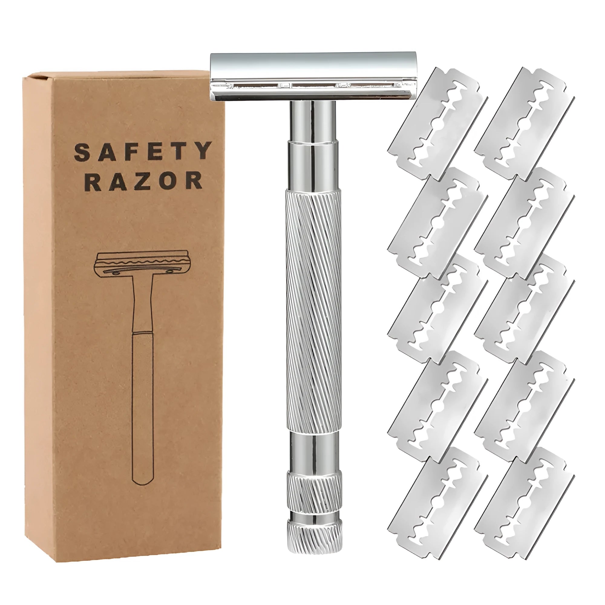 Traditional manual double-edged safety razor with an alloy handle, shown with replacement blades.
