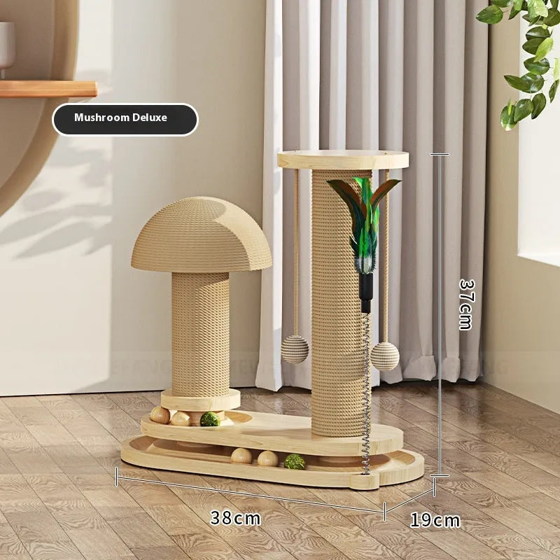 Solid wood cat scratching post with turntable climbing platform in various style configurations