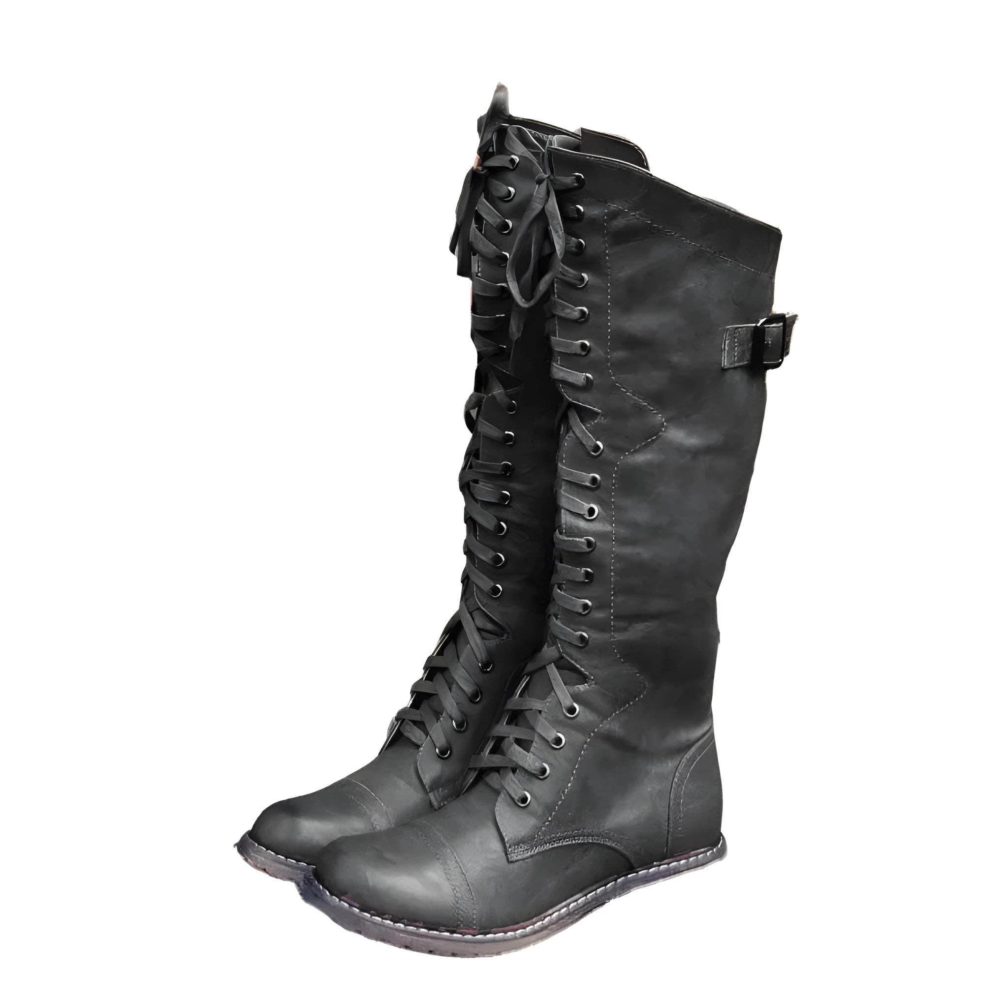Women's black artificial PU leather knight boots with a cross-strap design, shown from the side.