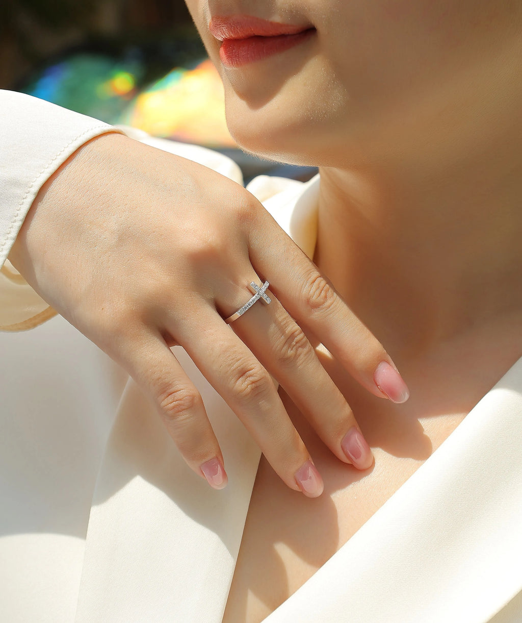 Holy Light Cross moissanite wedding ring set in S925 silver with gold plating on white background