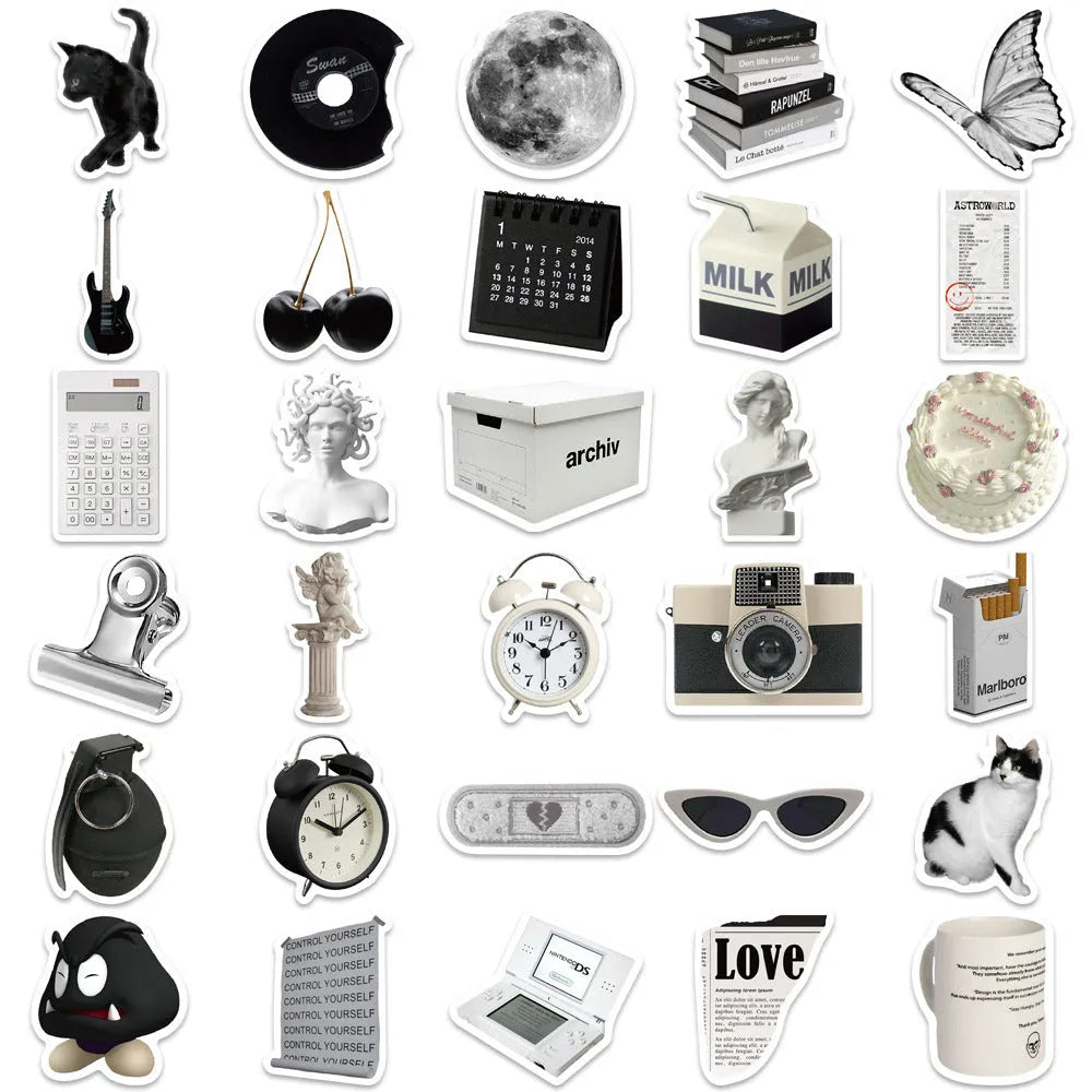 Assortment of 61 black and white line-art PVC stickers for laptops and luggage.