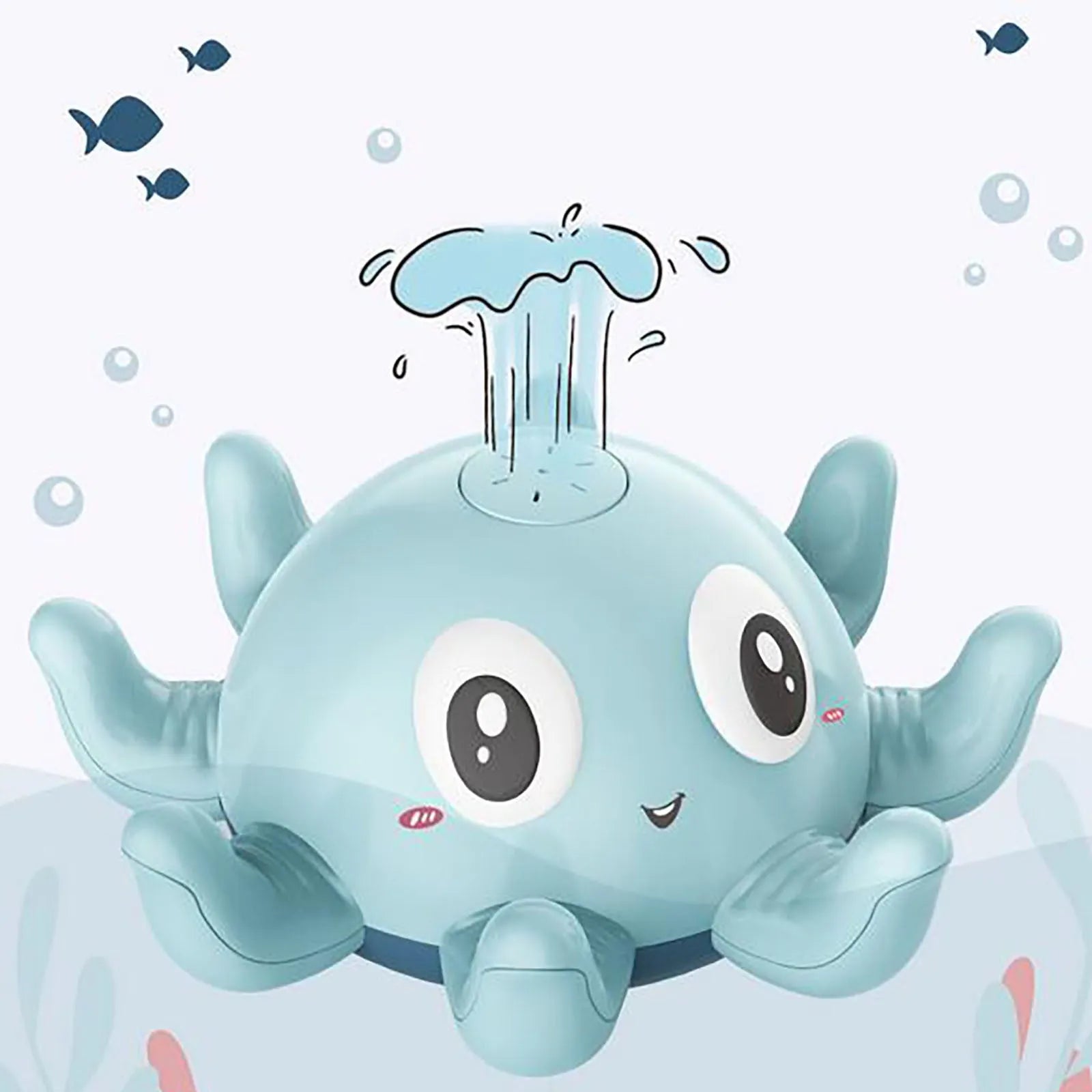 Blue automatic water spray octopus bath toy with flashing lights for children's bath time
