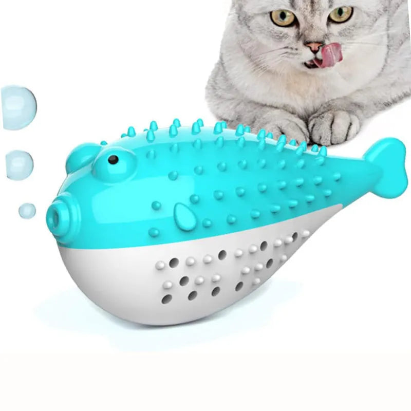Mint Toys blue silicone fish-shaped cat chew toy with integrated toothbrush on a white background.