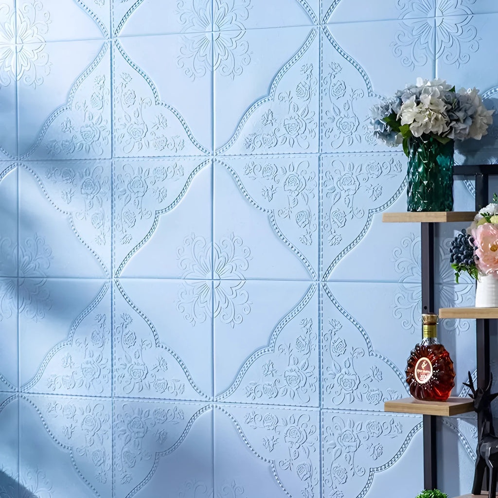70cm square XPE foam self-adhesive wall sticker with three-dimensional plant and flower pattern in light blue